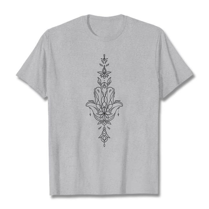 Maglietta con motivo a fiore di loto e mano di Hamsa con Buddha Stones - Grigio chiaro - 2XL - image 19