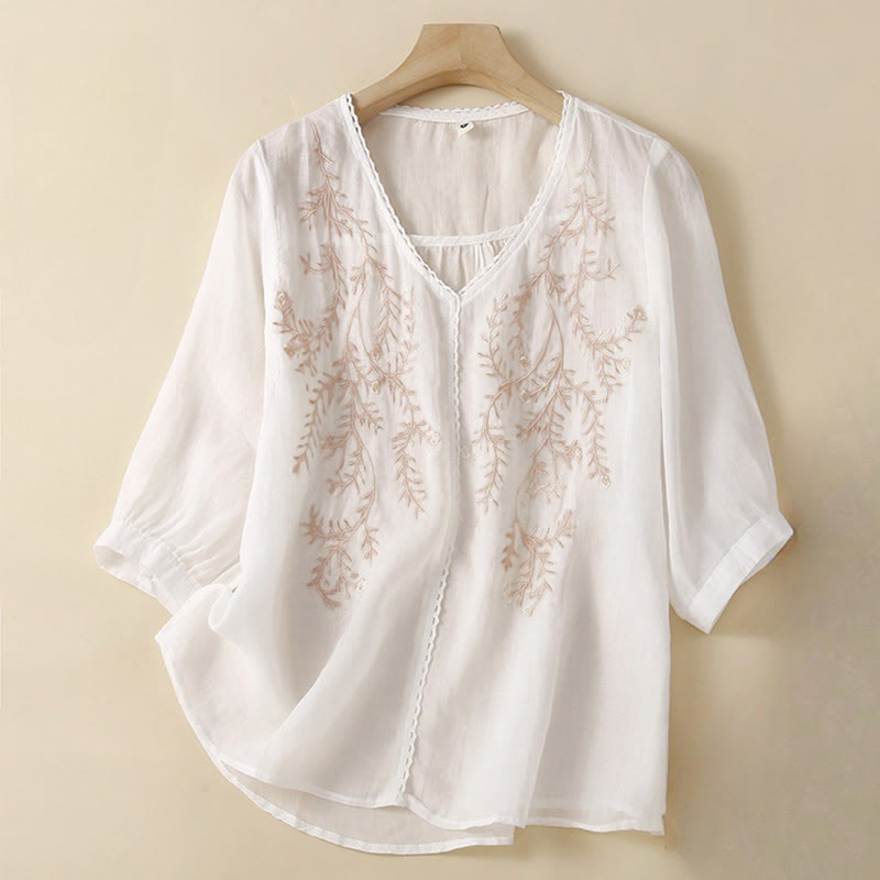 Buddha Stones Estate Casual Fiori Rami Ricamato Modello Scollo a V Mezza Manica Cotone Lino T-shirt da Donna