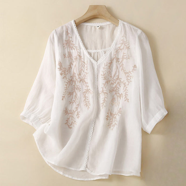 Buddha Stones Estate Casual Fiori Rami Ricamato Modello Scollo a V Mezza Manica Cotone Lino T-shirt da Donna