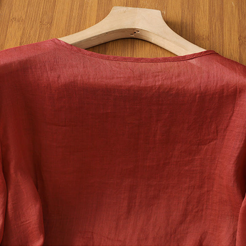 Maglietta girocollo da donna in cotone e poliestere con maniche corte e ricamo casual di Buddha Stones e fiori - image 4