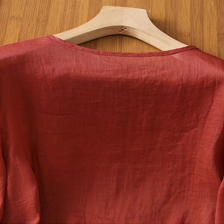 Maglietta girocollo da donna in cotone e poliestere con maniche corte e ricamo casual di Buddha Stones e fiori - image 4