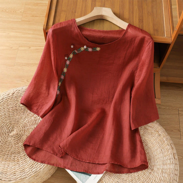 Maglietta girocollo da donna in cotone e poliestere con maniche corte e ricamo casual di Buddha Stones e fiori - Mattoni refrattari - US14, UK/AU18, EU46 (2XL) - image 0