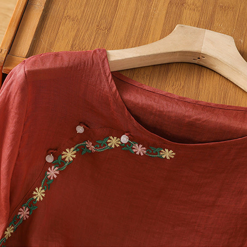 Maglietta girocollo da donna in cotone e poliestere con maniche corte e ricamo casual di Buddha Stones e fiori - image 3