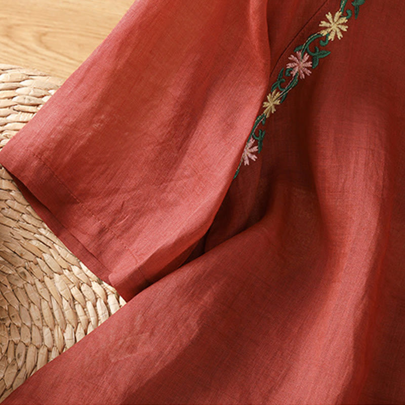 Maglietta girocollo da donna in cotone e poliestere con maniche corte e ricamo casual di Buddha Stones e fiori - image 5