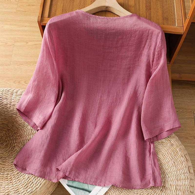 Maglietta girocollo da donna in cotone e poliestere con maniche corte e ricamo casual di Buddha Stones e fiori - image 8