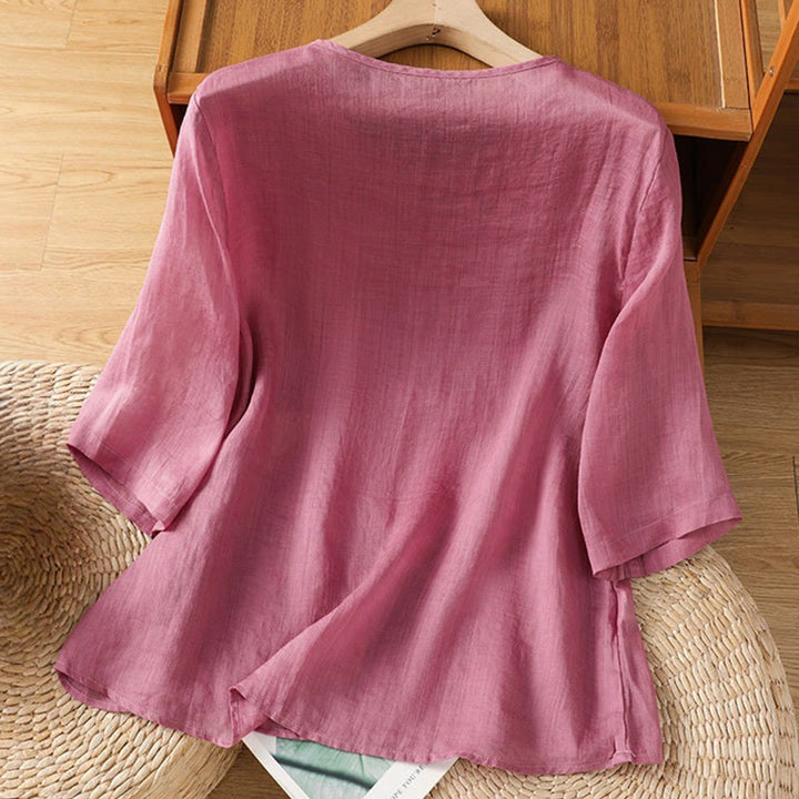 Maglietta girocollo da donna in cotone e poliestere con maniche corte e ricamo casual di Buddha Stones e fiori - image 8