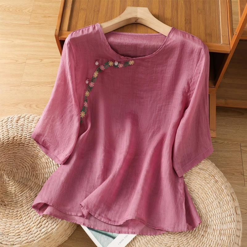 Maglietta girocollo da donna in cotone e poliestere con maniche corte e ricamo casual di Buddha Stones e fiori - RossoViolaPale - US14, UK/AU18, EU46 (2XL) - image 7