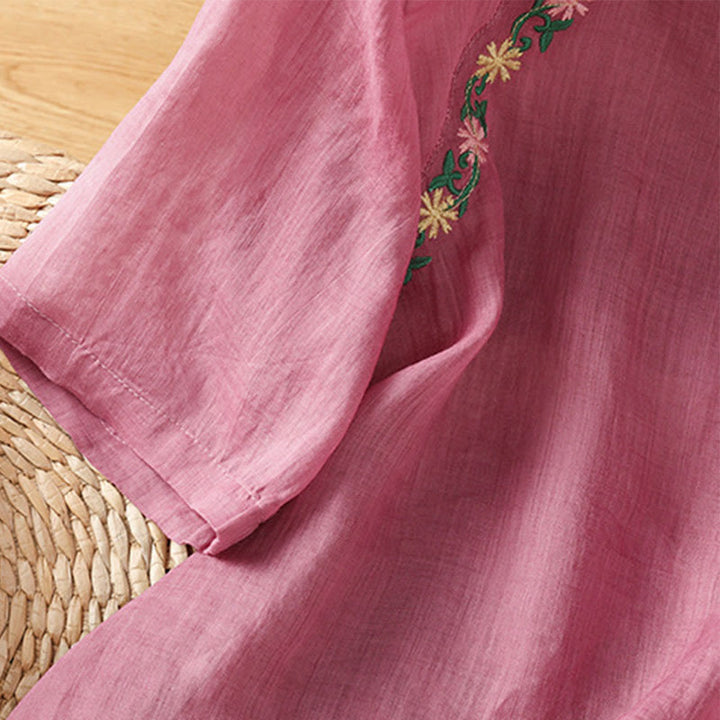 Maglietta girocollo da donna in cotone e poliestere con maniche corte e ricamo casual di Buddha Stones e fiori - image 12