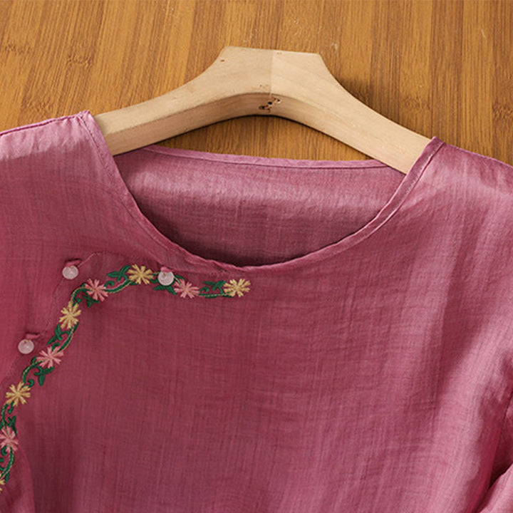 Maglietta girocollo da donna in cotone e poliestere con maniche corte e ricamo casual di Buddha Stones e fiori - image 14