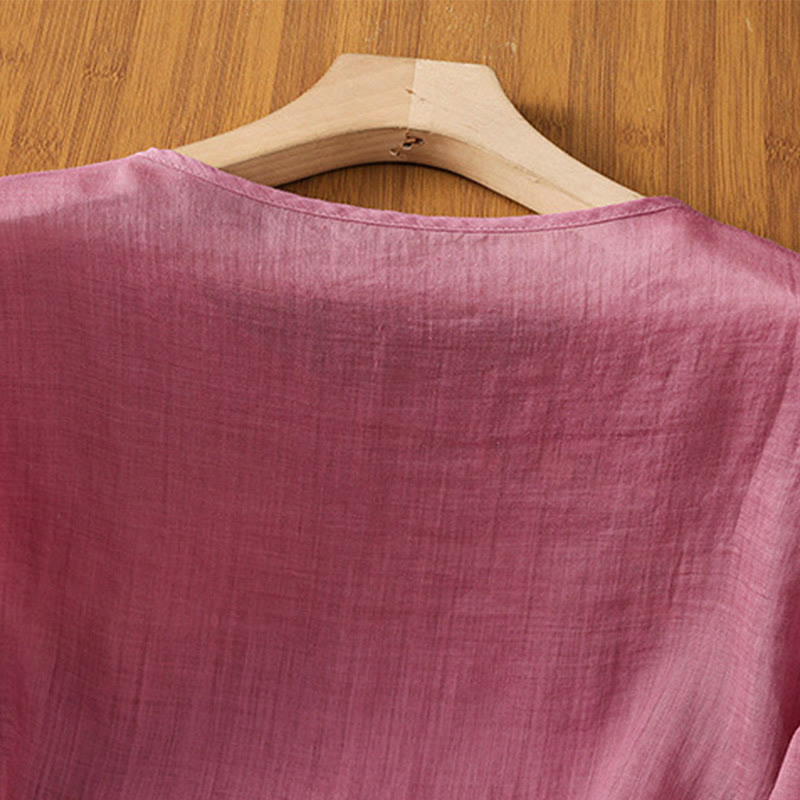 Maglietta girocollo da donna in cotone e poliestere con maniche corte e ricamo casual di Buddha Stones e fiori - image 15