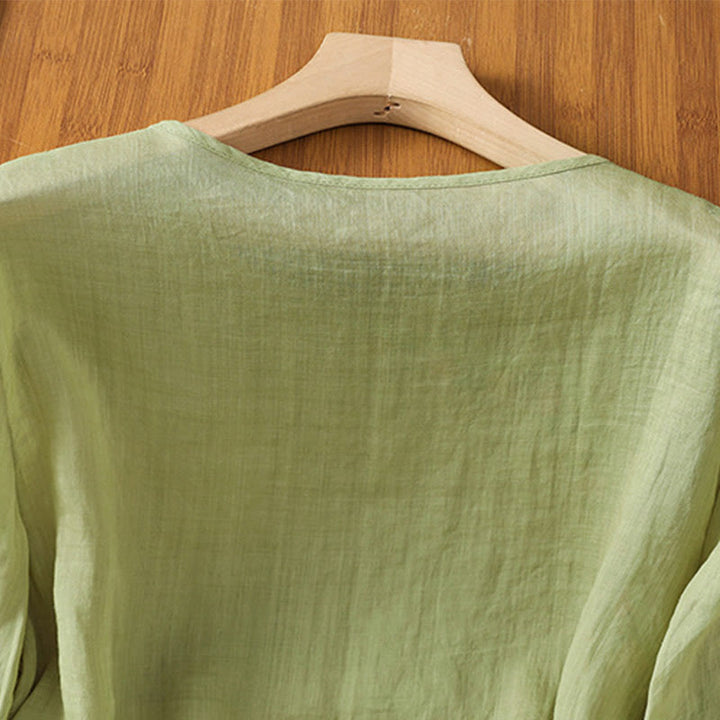 Maglietta girocollo da donna in cotone e poliestere con maniche corte e ricamo casual di Buddha Stones e fiori - image 18