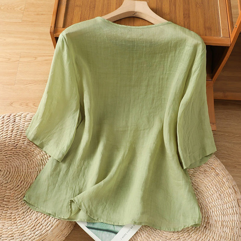 Maglietta girocollo da donna in cotone e poliestere con maniche corte e ricamo casual di Buddha Stones e fiori - image 17