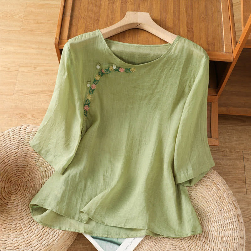 Maglietta girocollo da donna in cotone e poliestere con maniche corte e ricamo casual di Buddha Stones e fiori - Verde chiaro - US14, UK/AU18, EU46 (2XL) - image 16