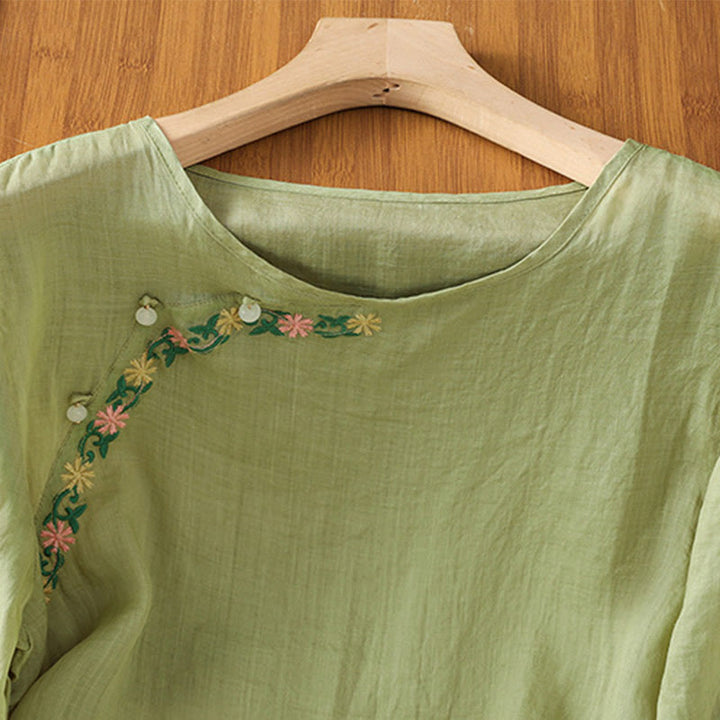 Maglietta girocollo da donna in cotone e poliestere con maniche corte e ricamo casual di Buddha Stones e fiori - image 21