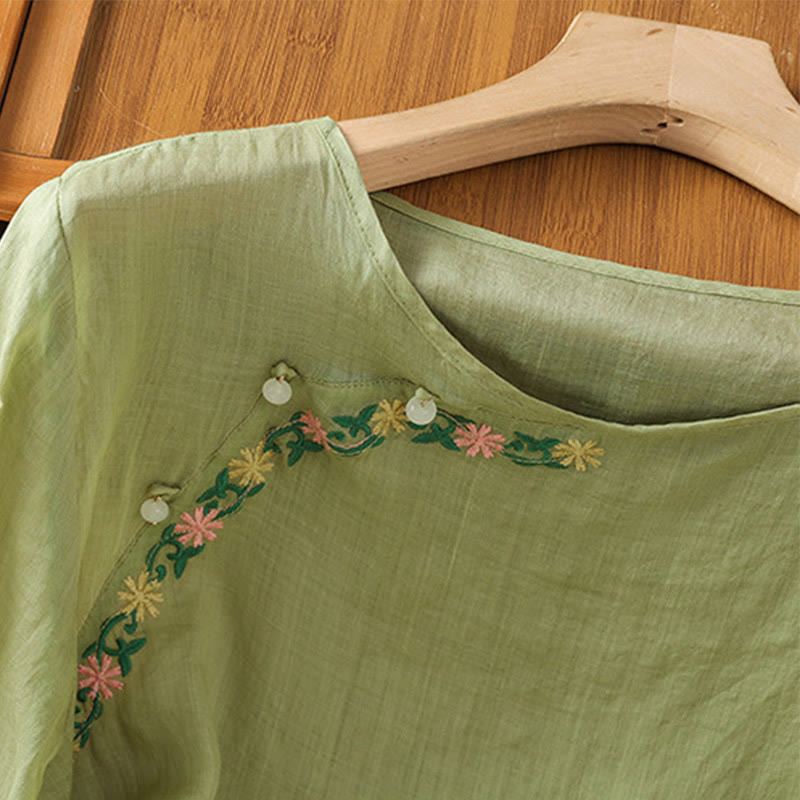 Maglietta girocollo da donna in cotone e poliestere con maniche corte e ricamo casual di Buddha Stones e fiori - image 20