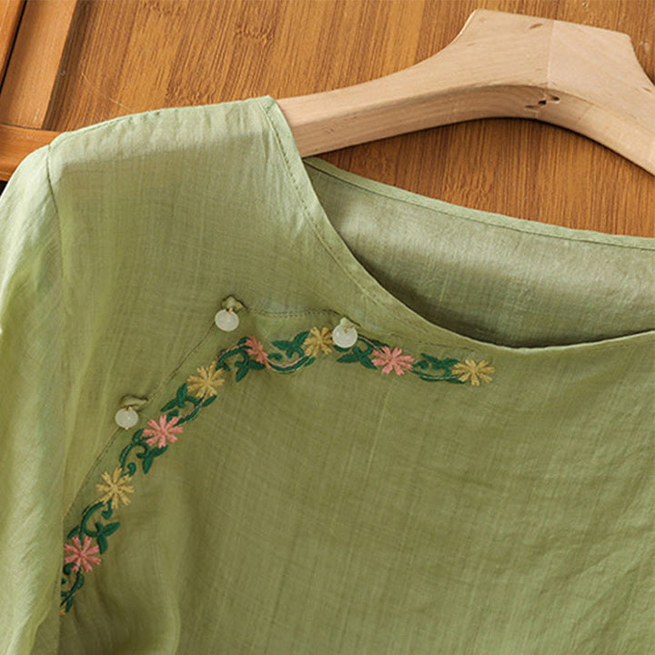 Maglietta girocollo da donna in cotone e poliestere con maniche corte e ricamo casual di Buddha Stones e fiori - image 20