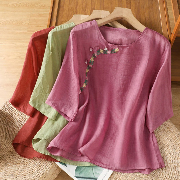 Maglietta girocollo da donna in cotone e poliestere con maniche corte e ricamo casual di Buddha Stones e fiori - image 22