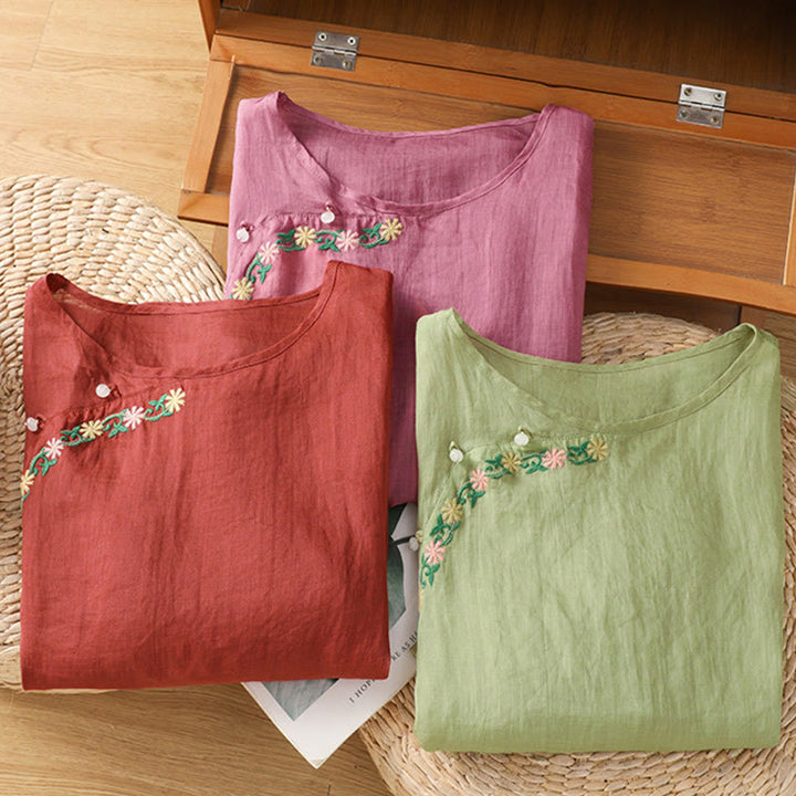 Maglietta girocollo da donna in cotone e poliestere con maniche corte e ricamo casual di Buddha Stones e fiori - image 23