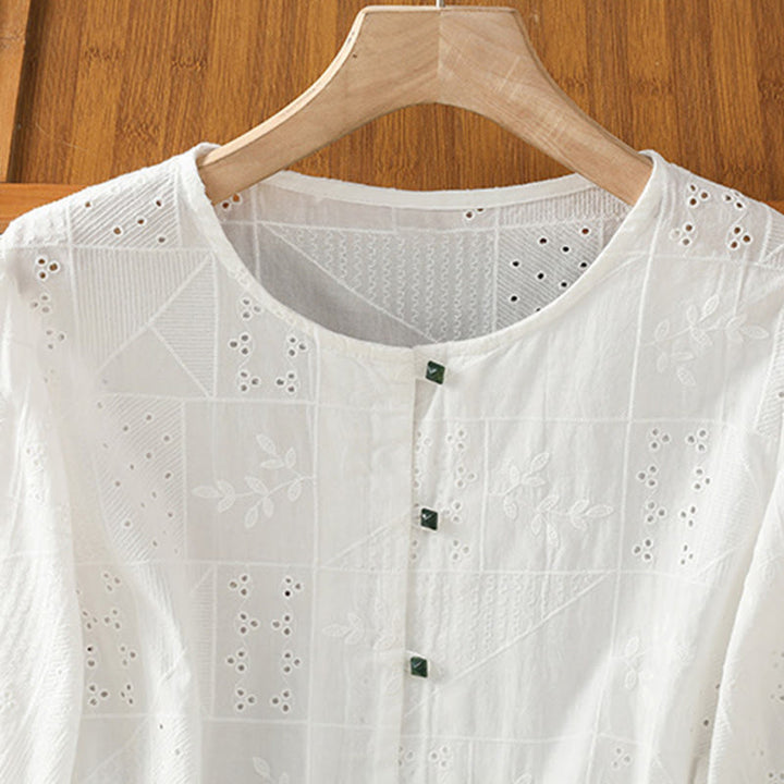 Maglietta girocollo da donna con maniche corte, in cotone e poliestere, con ricamo Buddha Stones - image 1