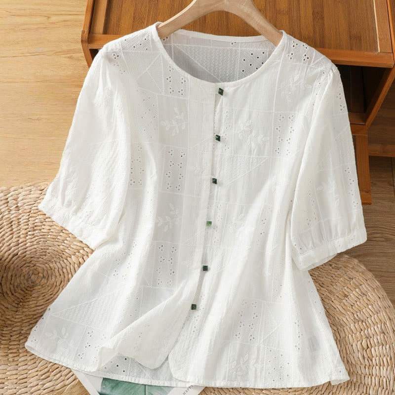 Maglietta girocollo da donna con maniche corte, in cotone e poliestere, con ricamo Buddha Stones - Bianco - US8-10, UK/AU12-14, EU40-42 (2XL) - image 1