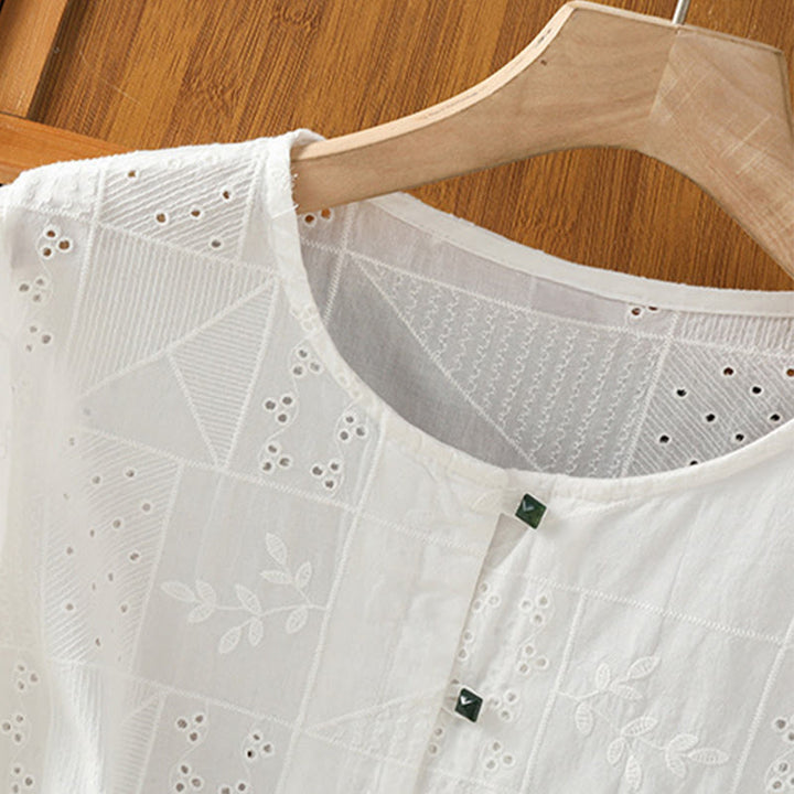 Maglietta girocollo da donna con maniche corte, in cotone e poliestere, con ricamo Buddha Stones - image 3