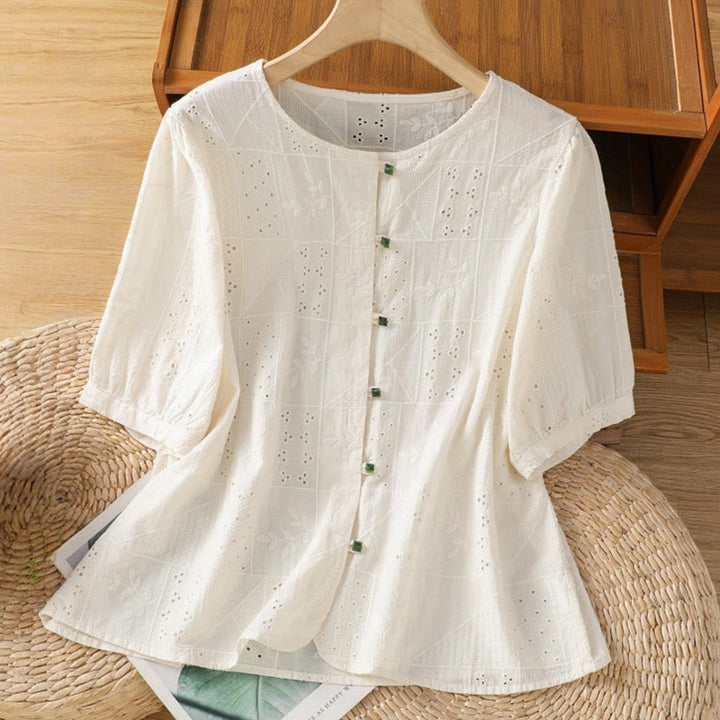 Maglietta girocollo da donna con maniche corte, in cotone e poliestere, con ricamo Buddha Stones - OldLace - US8-10, UK/AU12-14, EU40-42 (2XL) - image 7