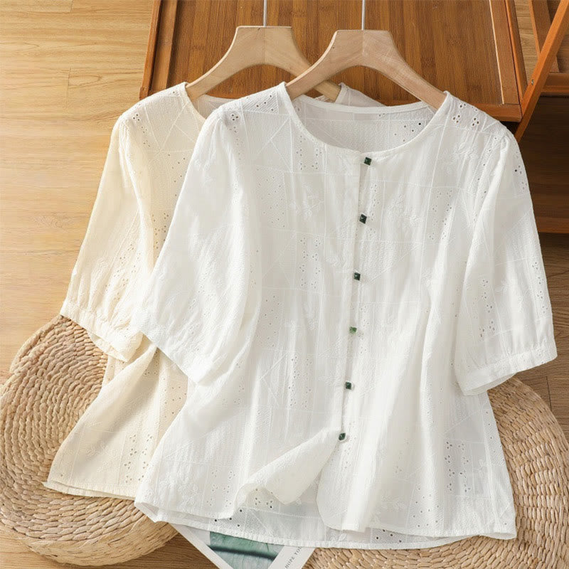 Maglietta girocollo da donna con maniche corte, in cotone e poliestere, con ricamo Buddha Stones - image 15