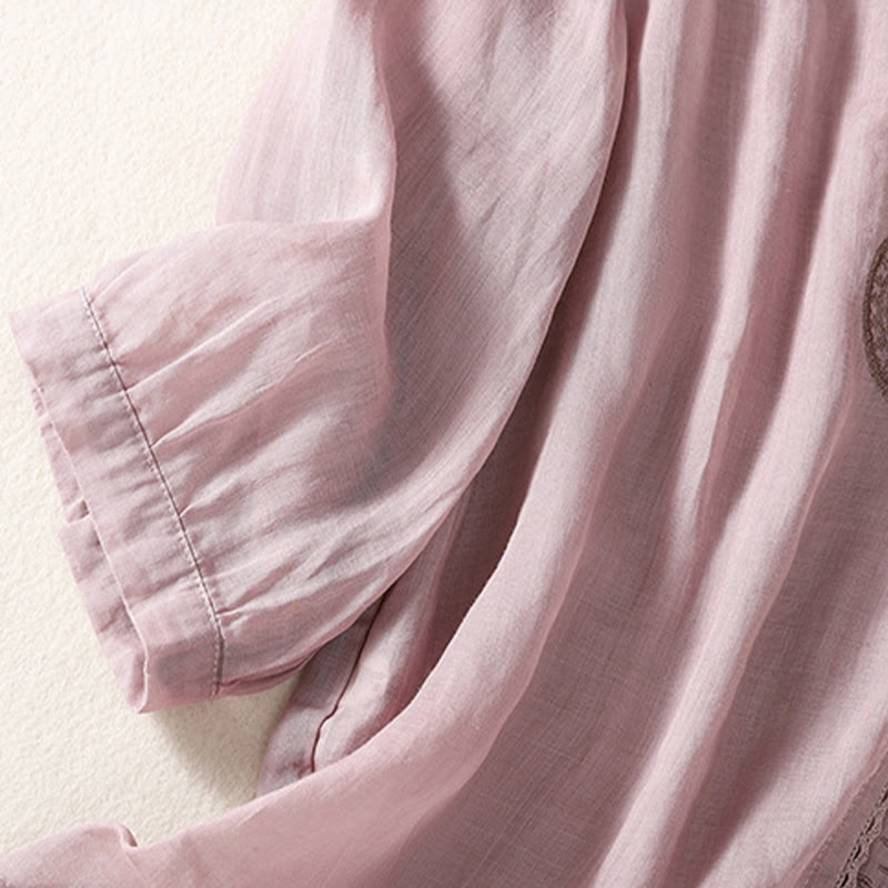 T-shirt casual da donna in cotone e lino con maniche corte, motivo ricamato con Buddha Stones scollo a V - image 1