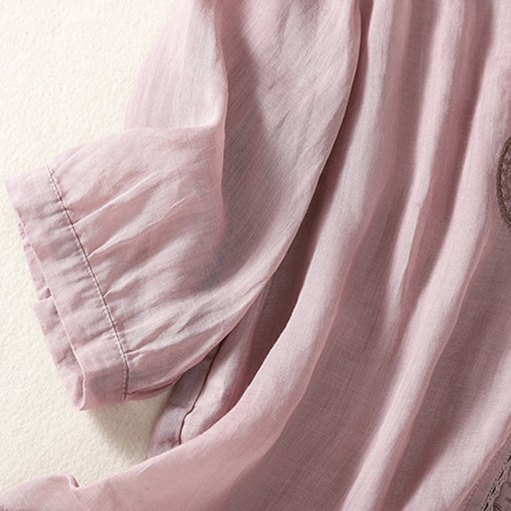 T-shirt casual da donna in cotone e lino con maniche corte, motivo ricamato con Buddha Stones scollo a V - image 1