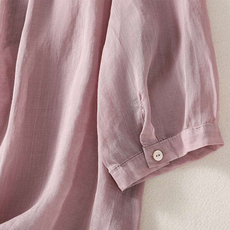 T-shirt casual da donna in cotone e lino con maniche corte, motivo ricamato con Buddha Stones scollo a V - image 3