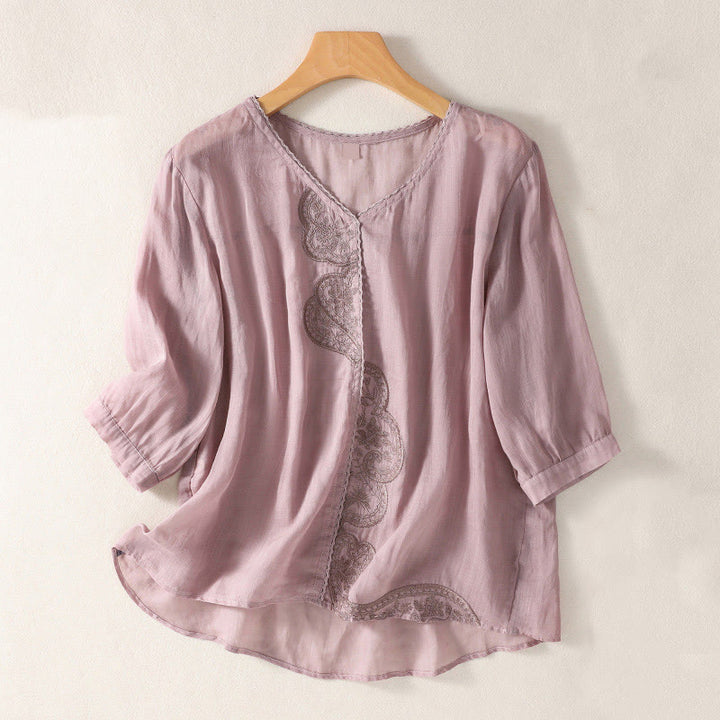 T-shirt casual da donna in cotone e lino con maniche corte, motivo ricamato con Buddha Stones scollo a V - Prugna - US14, UK/AU18, EU46 (2XL) - image 0