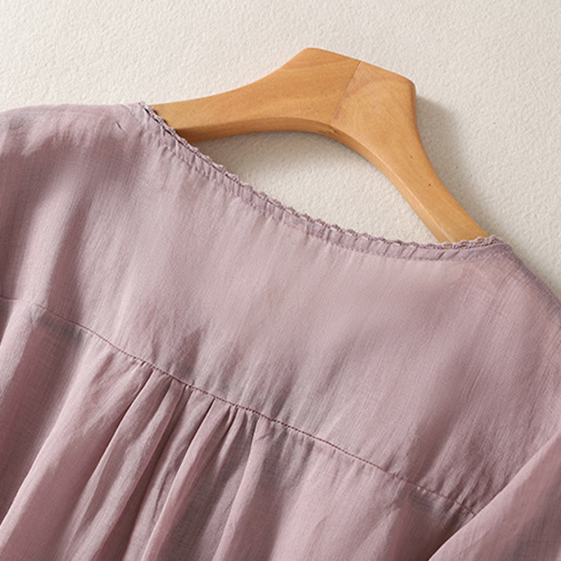 T-shirt casual da donna in cotone e lino con maniche corte, motivo ricamato con Buddha Stones scollo a V - image 4