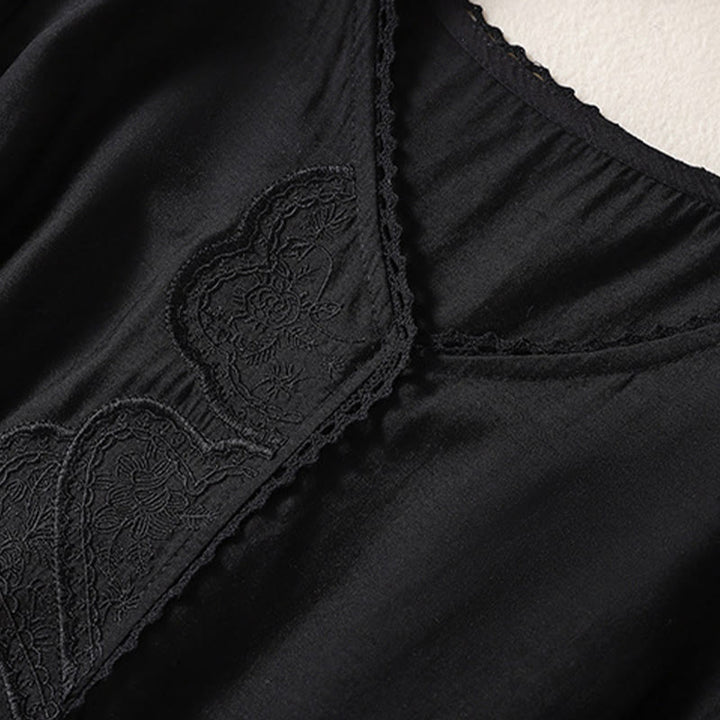 T-shirt casual da donna in cotone e lino con maniche corte, motivo ricamato con Buddha Stones scollo a V - image 13