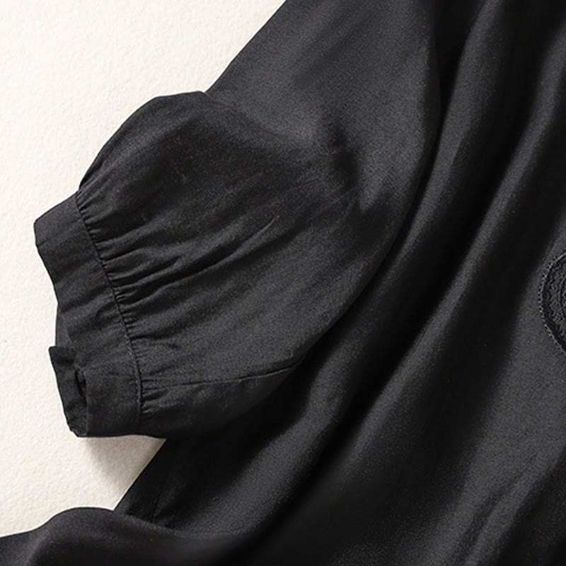 T-shirt casual da donna in cotone e lino con maniche corte, motivo ricamato con Buddha Stones scollo a V - image 9