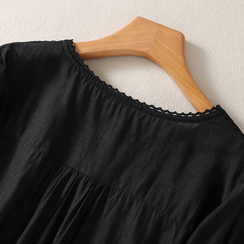 T-shirt casual da donna in cotone e lino con maniche corte, motivo ricamato con Buddha Stones scollo a V - image 7