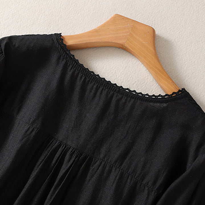 T-shirt casual da donna in cotone e lino con maniche corte, motivo ricamato con Buddha Stones scollo a V - image 7