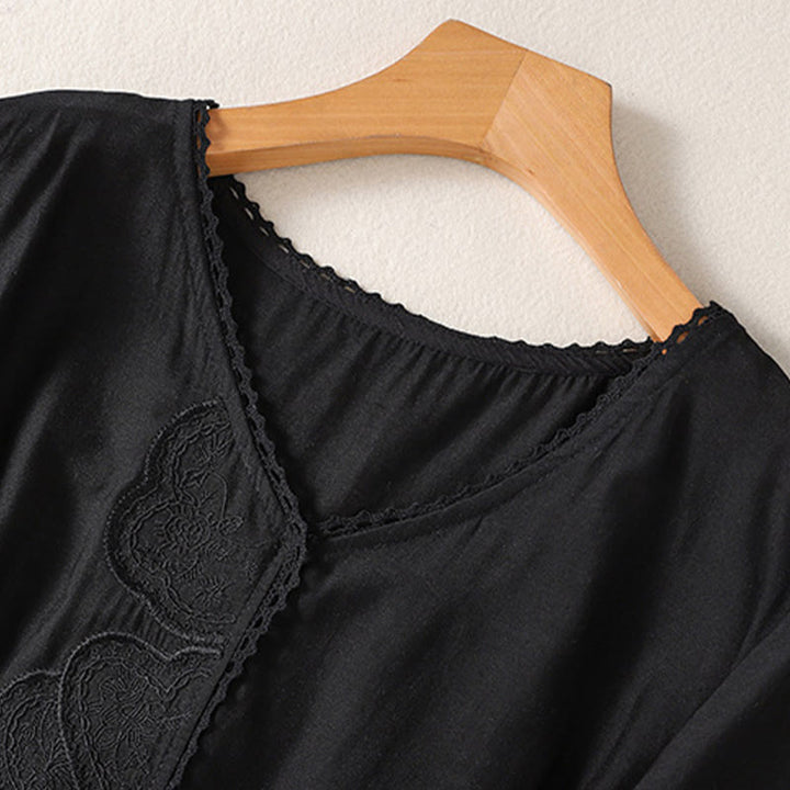 T-shirt casual da donna in cotone e lino con maniche corte, motivo ricamato con Buddha Stones scollo a V - image 6