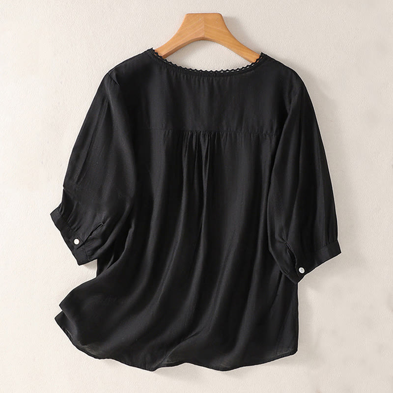 T-shirt casual da donna in cotone e lino con maniche corte, motivo ricamato con Buddha Stones scollo a V - Nero - US14, UK/AU18, EU46 (2XL) - image 5