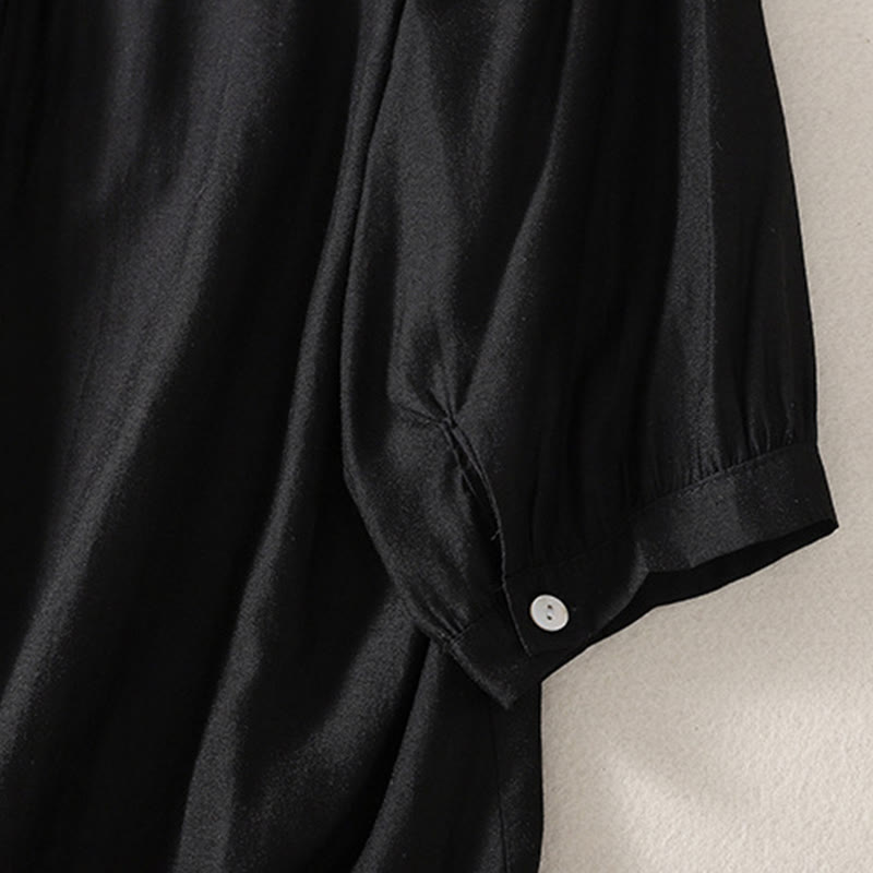 T-shirt casual da donna in cotone e lino con maniche corte, motivo ricamato con Buddha Stones scollo a V - image 10