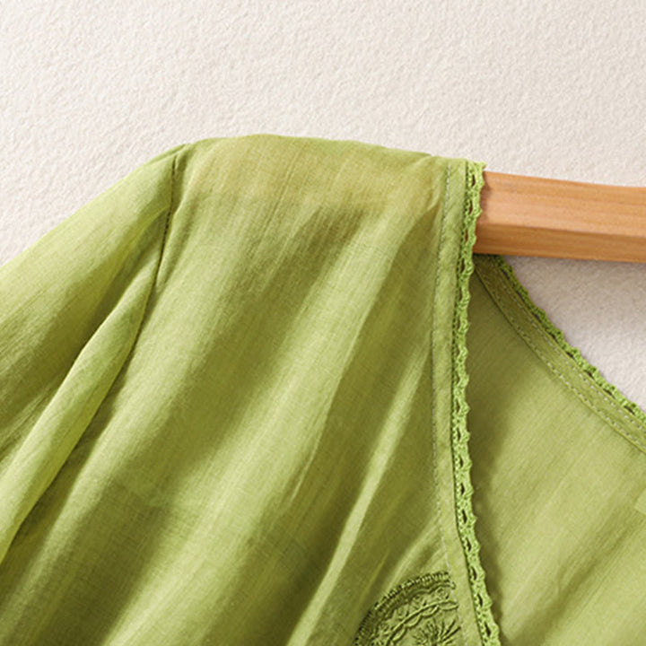 T-shirt casual da donna in cotone e lino con maniche corte, motivo ricamato con Buddha Stones scollo a V - image 15