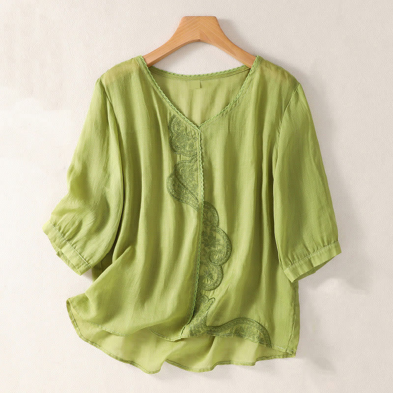 T-shirt casual da donna in cotone e lino con maniche corte, motivo ricamato con Buddha Stones scollo a V - GialloVerde - US14, UK/AU18, EU46 (2XL) - image 14