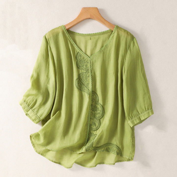 T-shirt casual da donna in cotone e lino con maniche corte, motivo ricamato con Buddha Stones scollo a V - GialloVerde - US14, UK/AU18, EU46 (2XL) - image 14