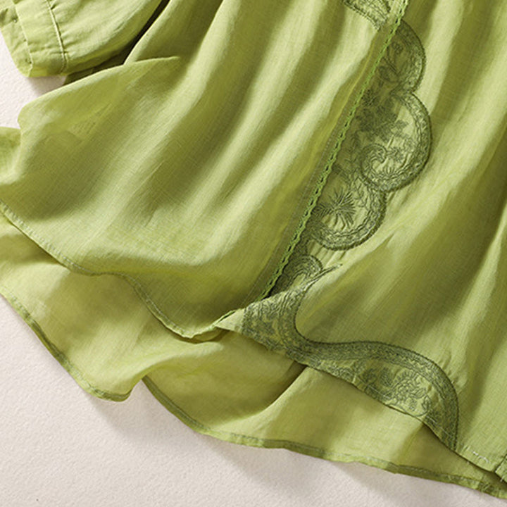 T-shirt casual da donna in cotone e lino con maniche corte, motivo ricamato con Buddha Stones scollo a V - image 17