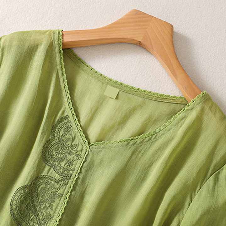 T-shirt casual da donna in cotone e lino con maniche corte, motivo ricamato con Buddha Stones scollo a V - image 18