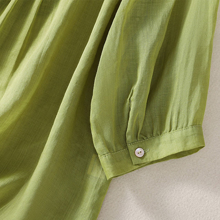 T-shirt casual da donna in cotone e lino con maniche corte, motivo ricamato con Buddha Stones scollo a V - image 19