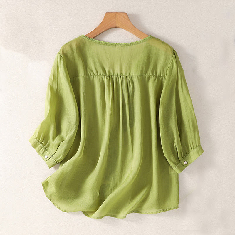 T-shirt casual da donna in cotone e lino con maniche corte, motivo ricamato con Buddha Stones scollo a V - image 15