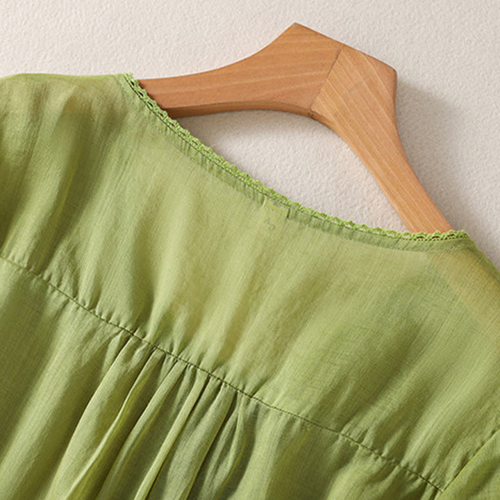 T-shirt casual da donna in cotone e lino con maniche corte, motivo ricamato con Buddha Stones scollo a V - image 21