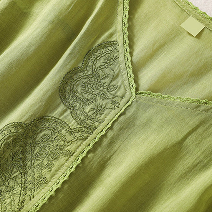 T-shirt casual da donna in cotone e lino con maniche corte, motivo ricamato con Buddha Stones scollo a V - image 16