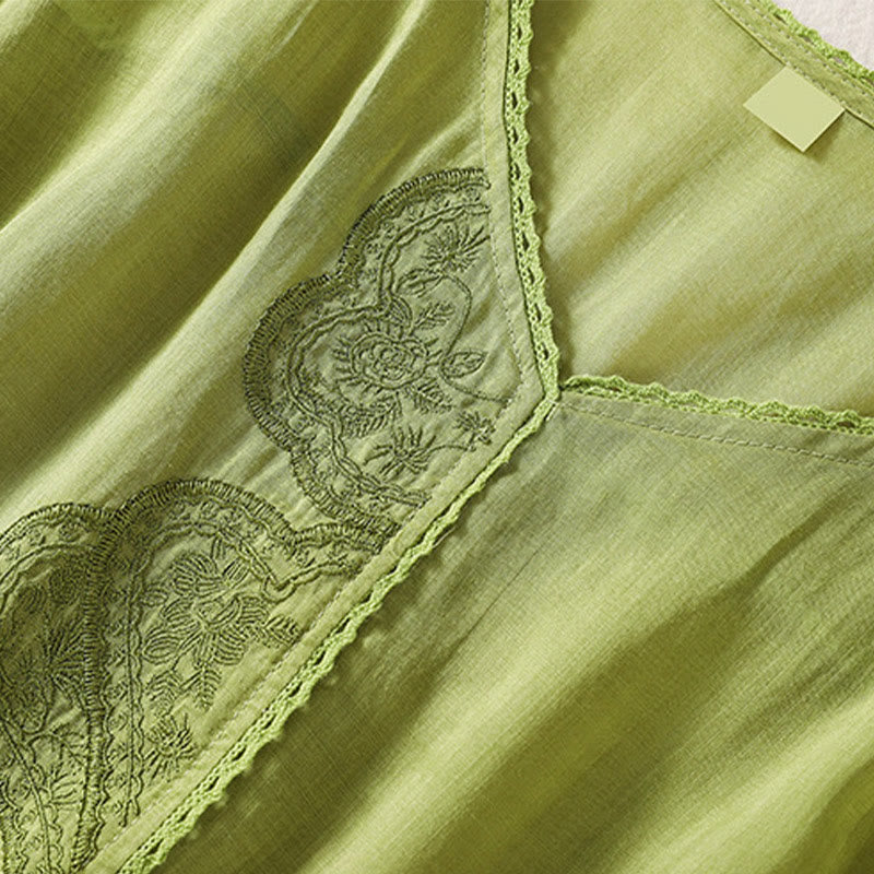 T-shirt casual da donna in cotone e lino con maniche corte, motivo ricamato con Buddha Stones scollo a V - image 16