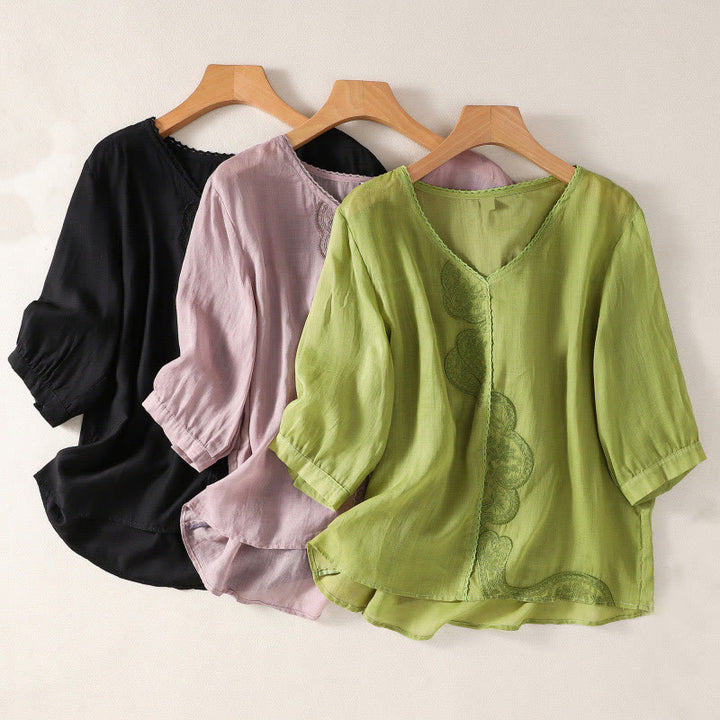 T-shirt casual da donna in cotone e lino con maniche corte, motivo ricamato con Buddha Stones scollo a V - image 24